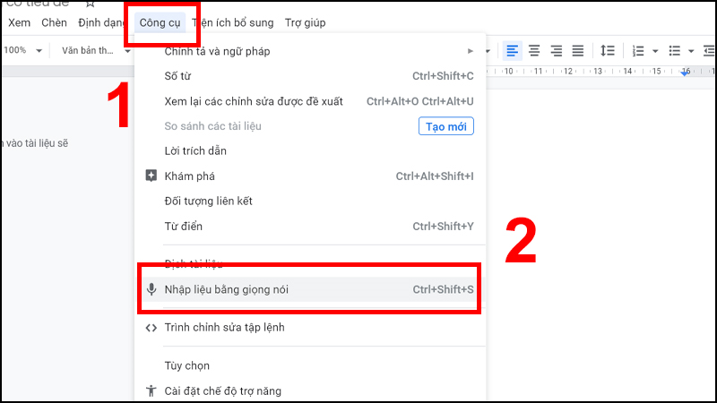 Chọn Nhập liệu bằng giọng nói hoặc tổ hợp phím Ctrl+Shift+S để kích hoạt tính năng